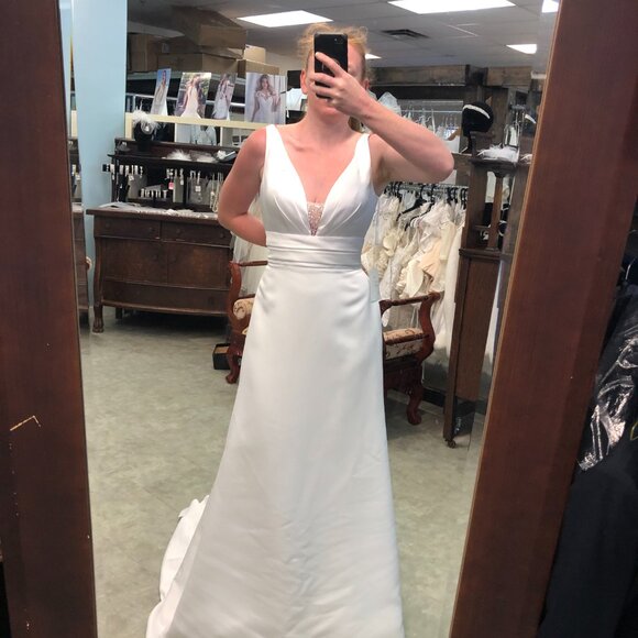 SAMPLE Satin Plunging V-neck Wedding Dress, White A-Line Fitted Sexy, Beachy - Picture 3 of 11